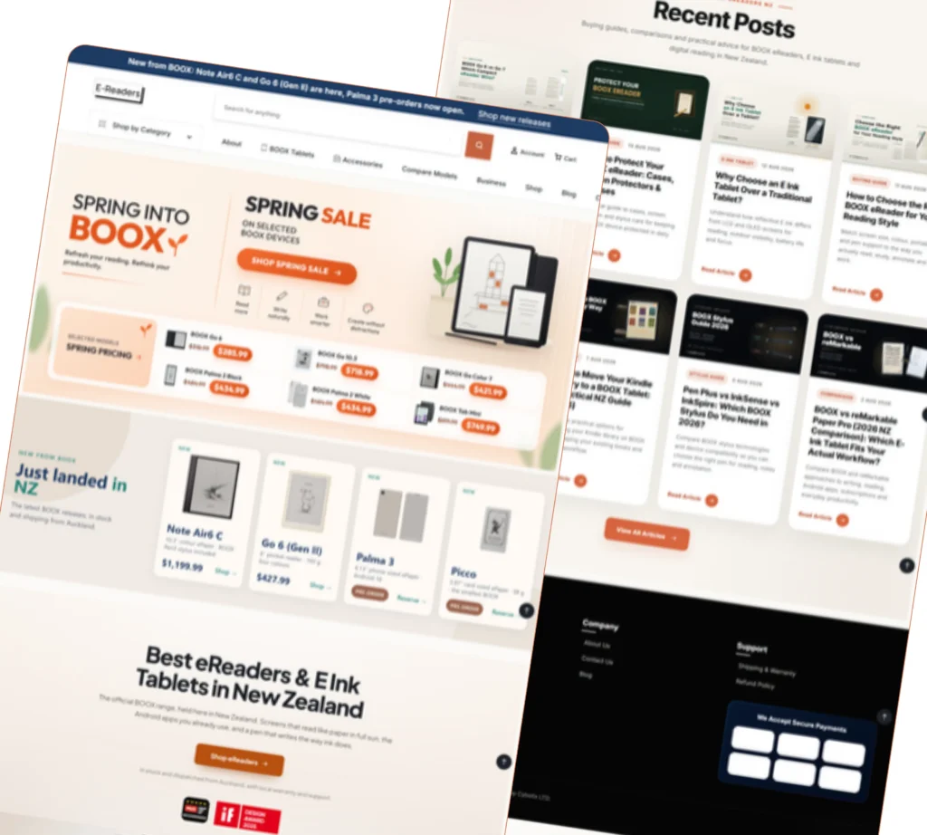 Several pages of the ereaders.co.nz WooCommerce store shown together — homepage with a BOOX sale banner, product listings with prices, blog posts and the checkout footer.