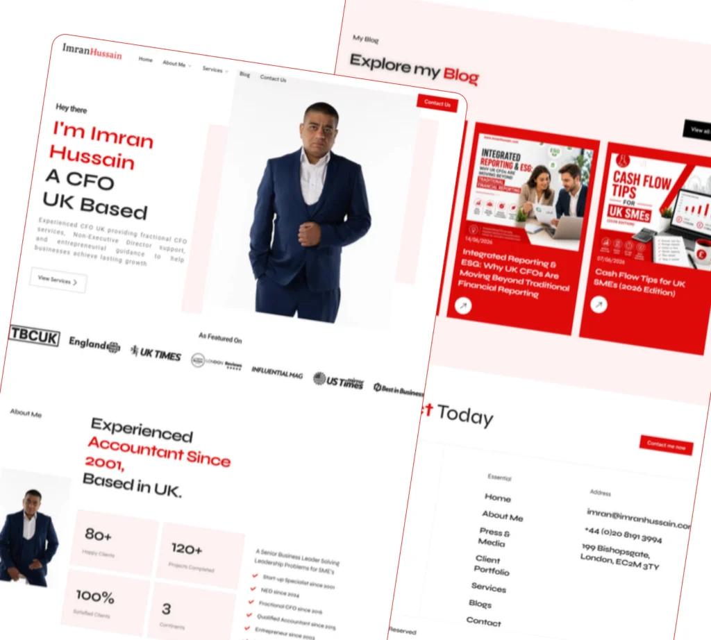 Several pages of the imranhussain.com WordPress site shown together — homepage, blog, service sections and contact details.