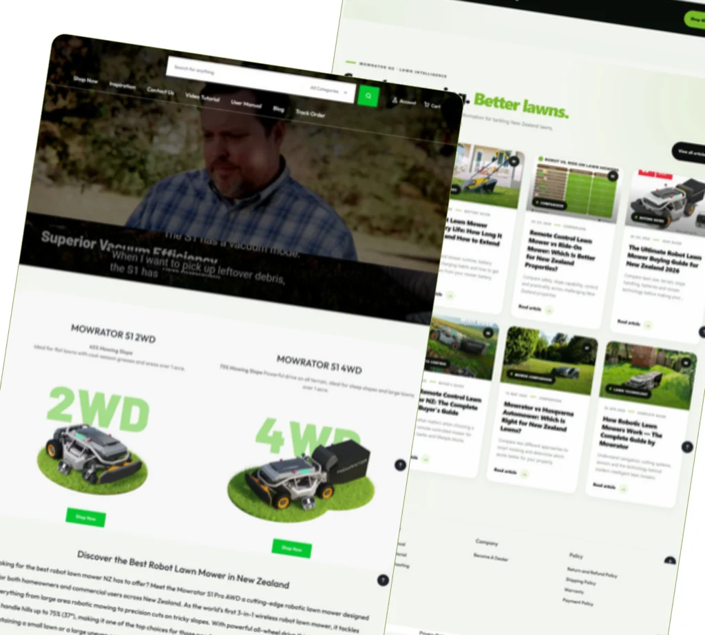 Several pages of the mowrator.nz WooCommerce store shown together — a product video, the S1 2WD and 4WD model cards, lawn-care blog articles and the footer.