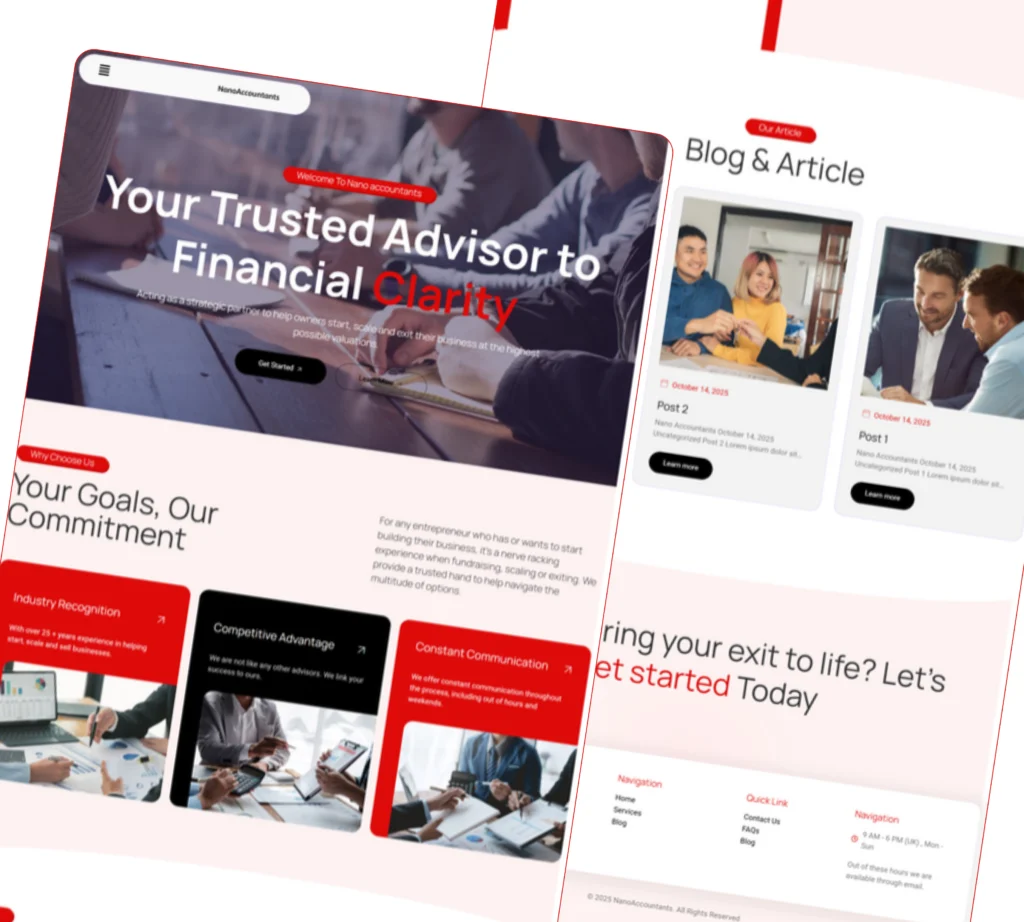 Several pages of the nanoaccountants.co.uk WordPress site shown together — homepage hero, a goals and commitment section, blog articles and the contact footer.